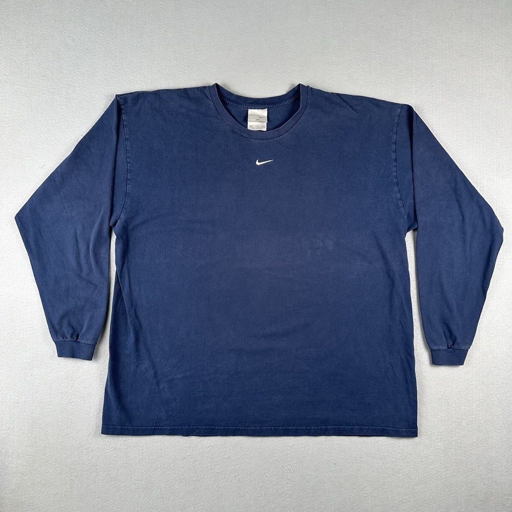 Vtg Y2K Nike Center Swoosh Long Sleeve Shirt Men's 2XL Navy Blue Check